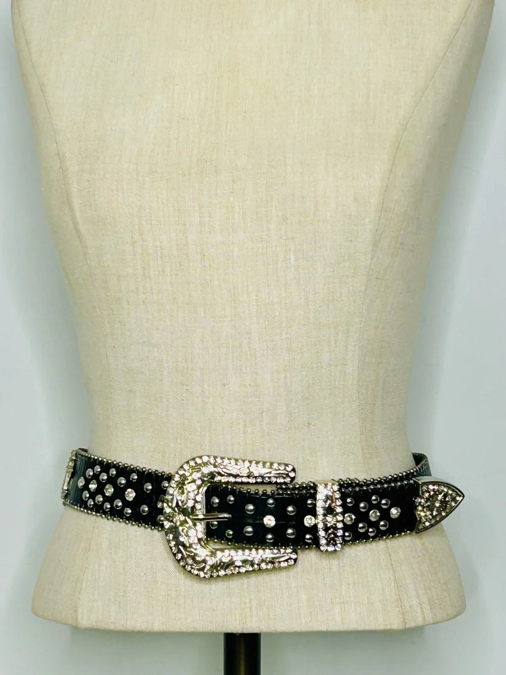 Western Black Leather Belt with Crystal Studded Rhinestones, Engraved Buckke